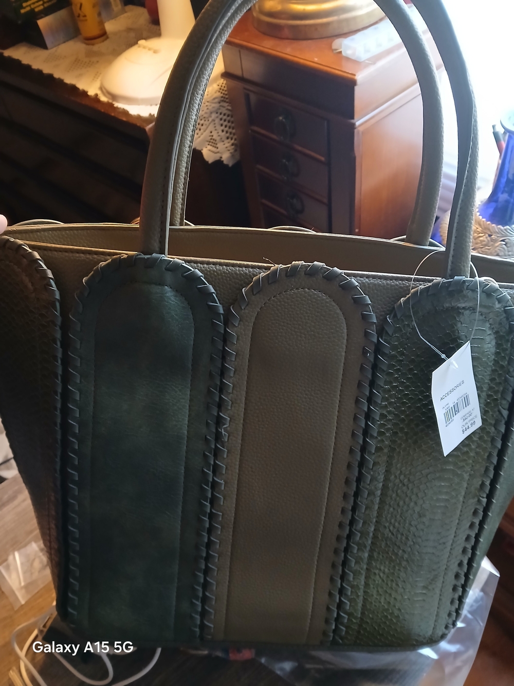 Cato Olive Panelled Tote with Woven Accents